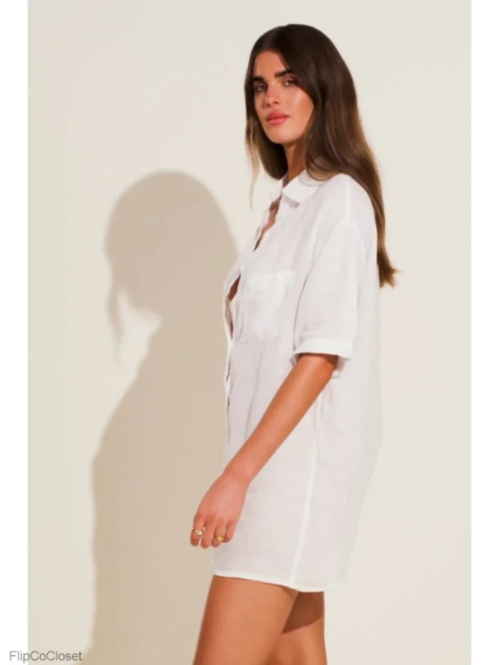 Linen Short Romper Swimsuit Cover Up with Shell Buttons